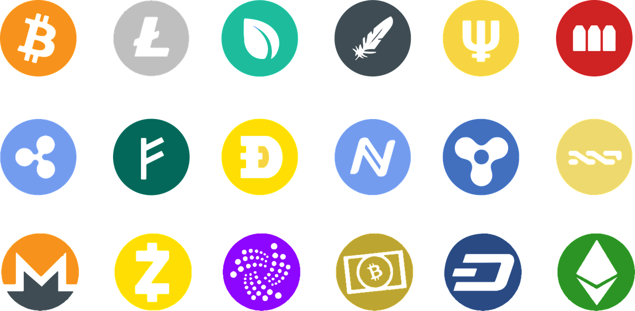 Numerous crypto coin logos such as Bitcoin, Ethereum, LiteCoin, etc. 18 logos total.